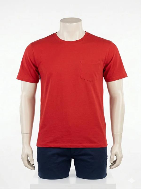 Yazlık Bisiklet Yaka Penye Tshirt %100 Pamuklu Sol Göğüs Cepli